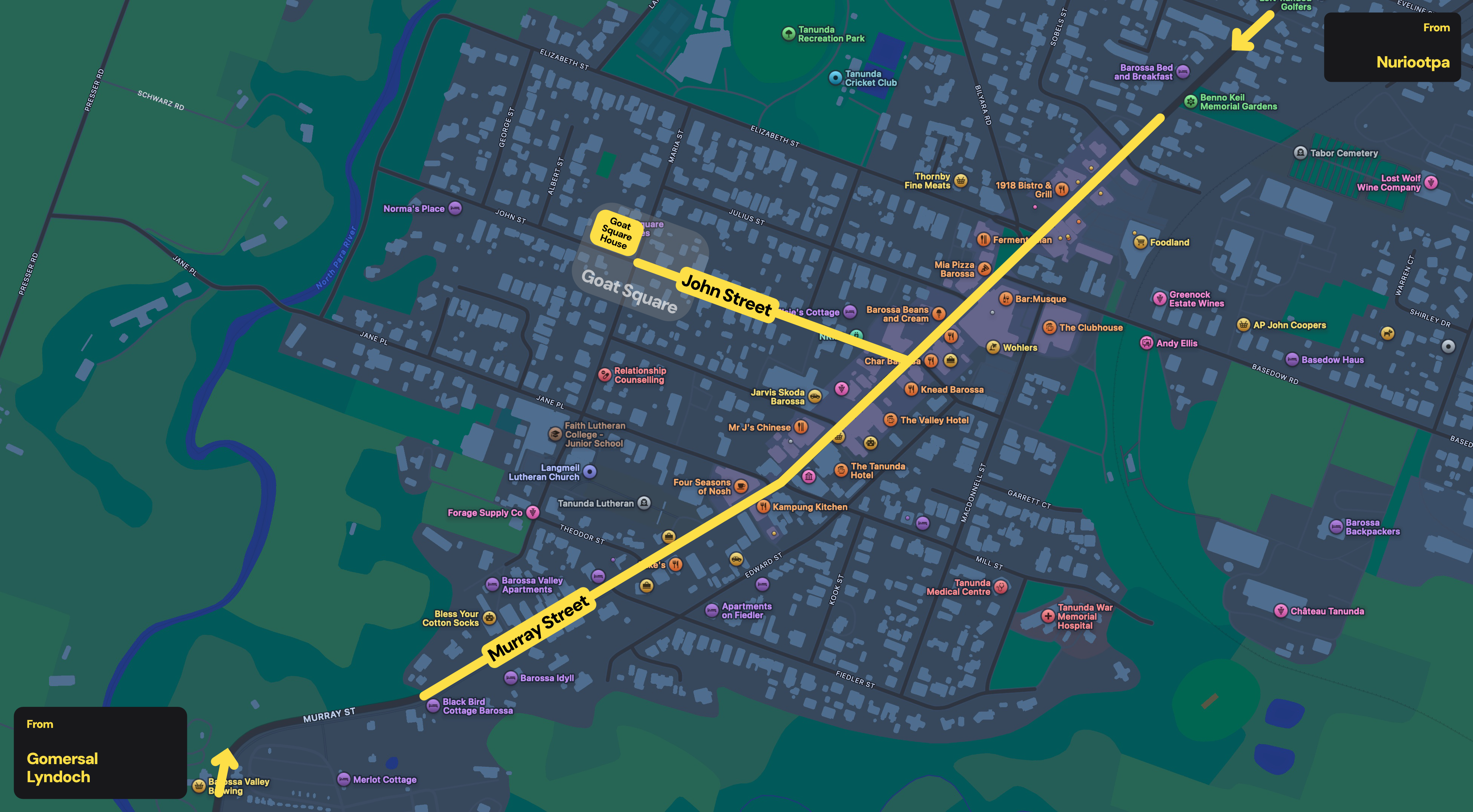 Map showing directions to Goat Square House in Tanunda, coming from Gomersal, Lyndoch or Nuriootpa.