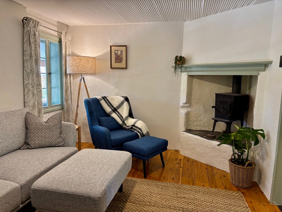 Image of the couch and fireplace in the living room in the Menge cottage.